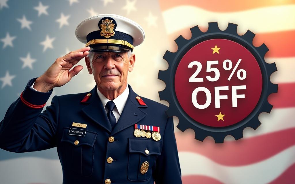 Veteran saluting with discount badge